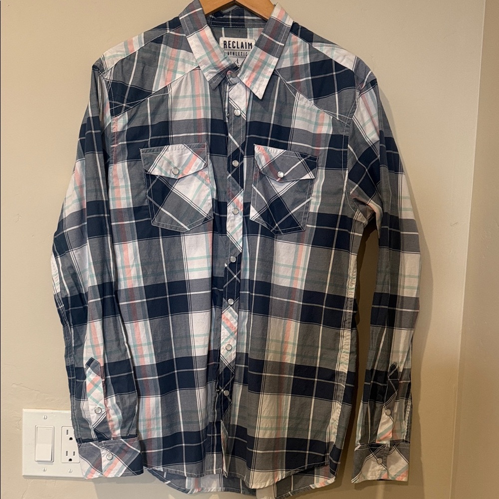 Reclaimed Vintage Pearl Snap Blue and White Plaid Casual Button Down Shirt